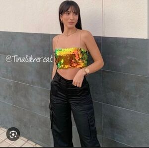 Zara Goldish Greenish Sequin Crop Top